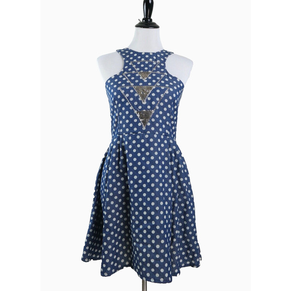 Fairground Size L Polka Dot Fit & Flare Dress Geometric Sequin Blue - Picture 2 of 10
